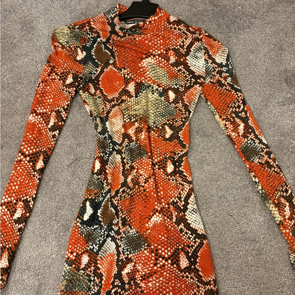 Snake Print Long Sleeve Bodycon Dress - Orange, Black, Cream